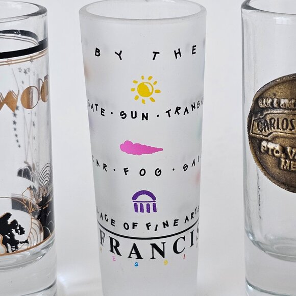 4 Shot Glasses 4" Tall - Texas, Hollywood, San Francisco, Puerto Vallarta Mexico - Picture 4 of 6